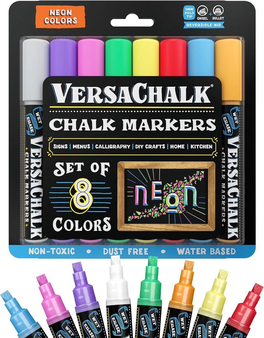 VersaChalk Liquid Chalk Markers for Blackboards - 8 Pack Bold Tip (5mm) | Neon Colors - Erasable & Washable for Vibrant Art and Signage