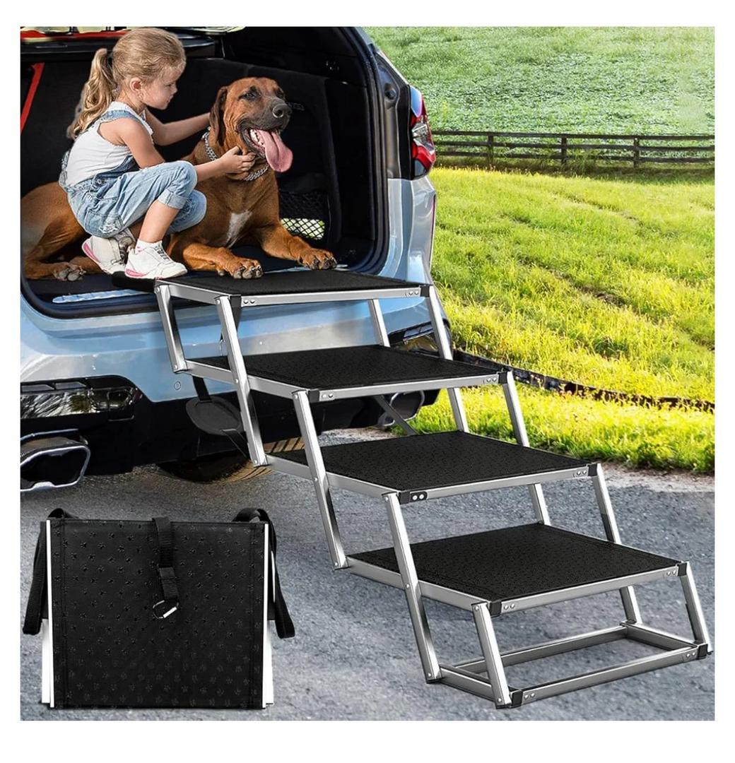 Dog Ramp for Car, Extra Wide Dog Stair for Large Dogs Car, Pet Steps Light Weight Aluminum Foldable Dog Steps for Cars and SUV,High Beds, Trucks, Supports up to 200 lbs