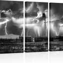 sechars Black and White Farm Windmill Wall Art Lightning Strikes in The Clouds Pictures Colorado Countryside Landscape Canvas Art Farmhouse Decoration