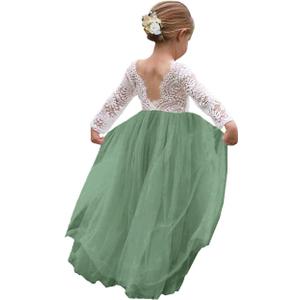 Topmaker Flower Girl Dress for Toddler Baby Girls,Lace Tulle Dress for Wedding,Birthday Party,Photoshoot,Special Occasion (5-6 Years, Sleeve-Sage Green)