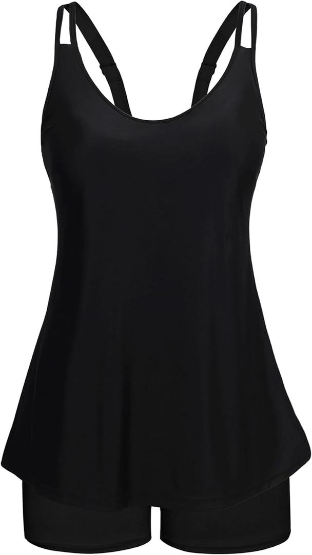 Arolina Tankini Swimsuits for Women Tummy Control Two Piece Bathing Suits Flowy Swim Tops with Boy Shorts (22 Plus, Black)