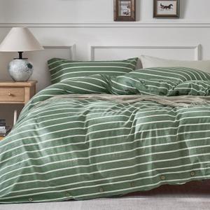 JELLYMONI Cotton Duvet Cover Queen Size - Green Striped Comforter Cover with Button 100% Washed Cotton 3PCS Breathable Soft Solid Bedding Set Duvet Cover 9090in & 2 Pillowcases (NO Comforter)