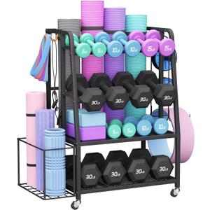 VOPEAK Dumbbell Rack for Home Gym, Adjustable Weight Rack Stand with Wheels, Heavy Duty Steel Storage Organizer for Dumbbells Kettlebells Yoga Mat, with Locking Casters & Side Hooks
