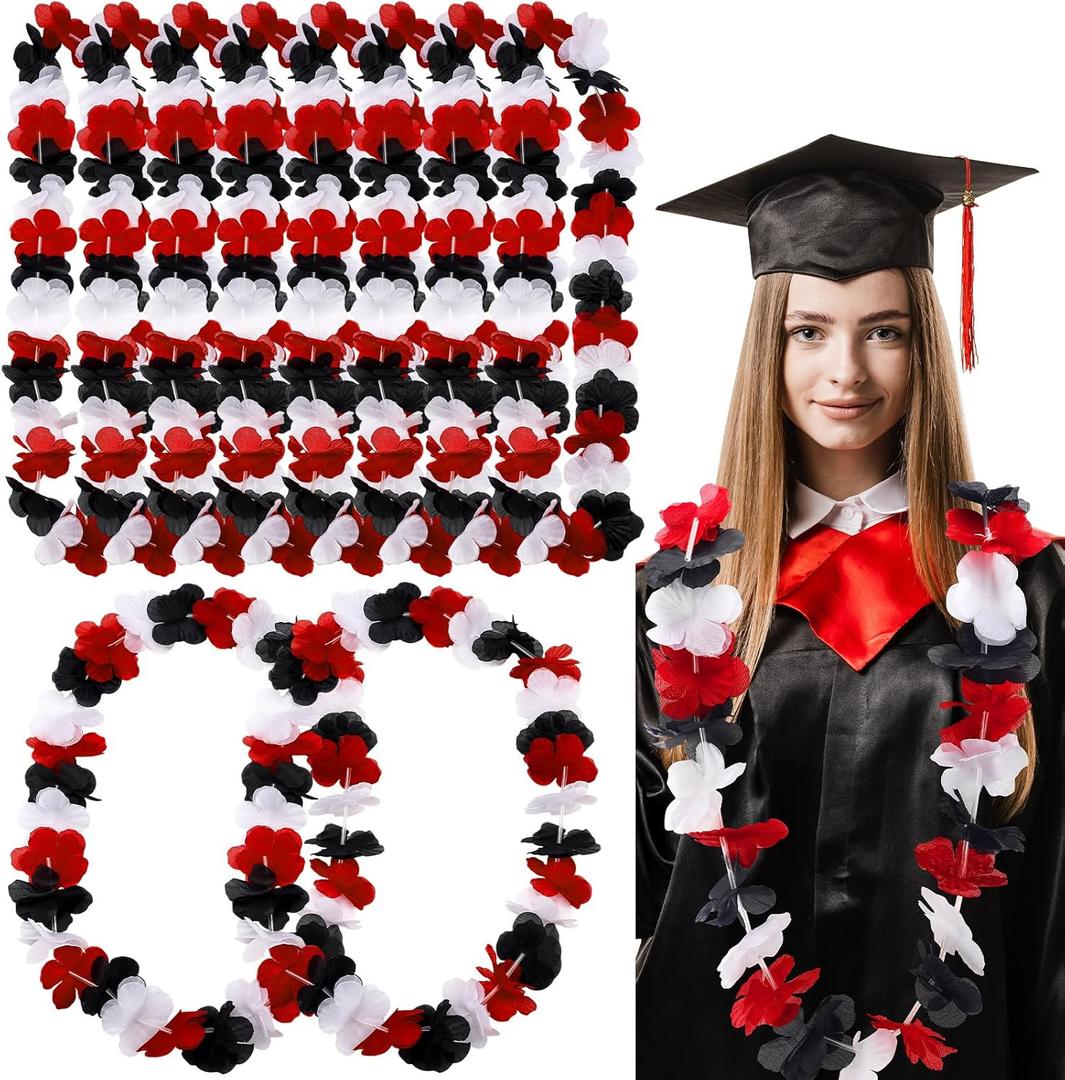 Zeyune 20 Pcs Bulk Graduation Leis Class of 2026 Hawaiian Leis Flower Necklaces 39.4 Inch Graduation Garlands for High School College Graduate Grad Party Favor Photo Prop(Black White Red)