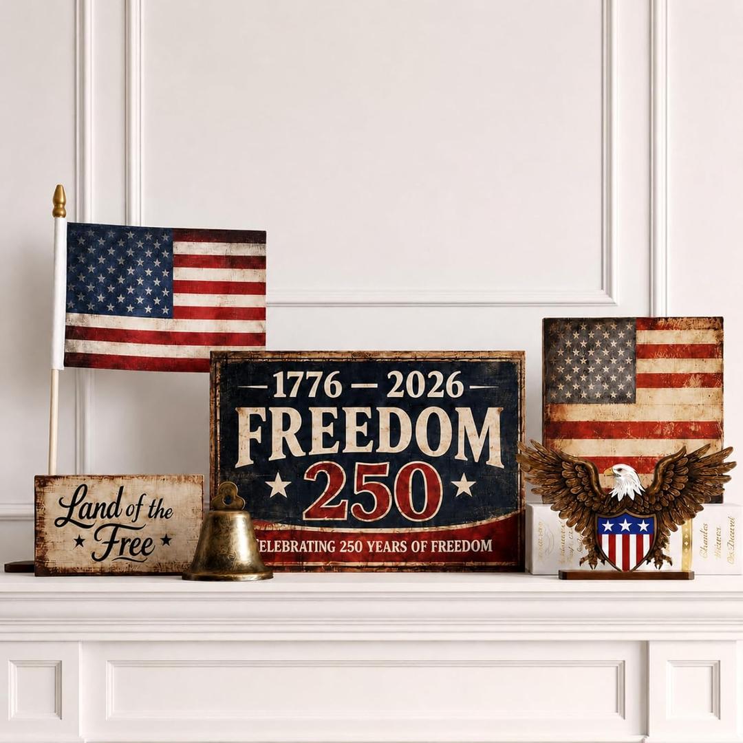 GlikCeil 6 Pcs 250th Anniversary America Table Decorations Vintage Patriotic Wood Table Centerpiece Rustic 1776-2026 USA Signs Eagle Figurine Mini USA Flag Liberty Bell for 4th of July Home Decor