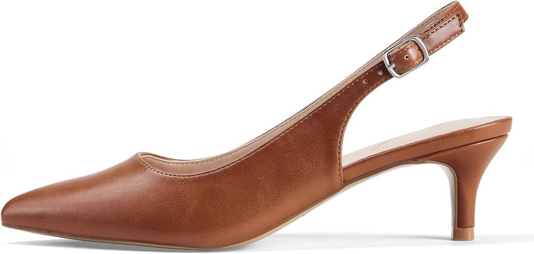 GENSHUO Low Kitten Heels Women's Slingback Dressy Pumps Pointed Closed Toe Ankle Strap Elegant Wedding Pumps Formal Comfortable Shoes (11, Brown)