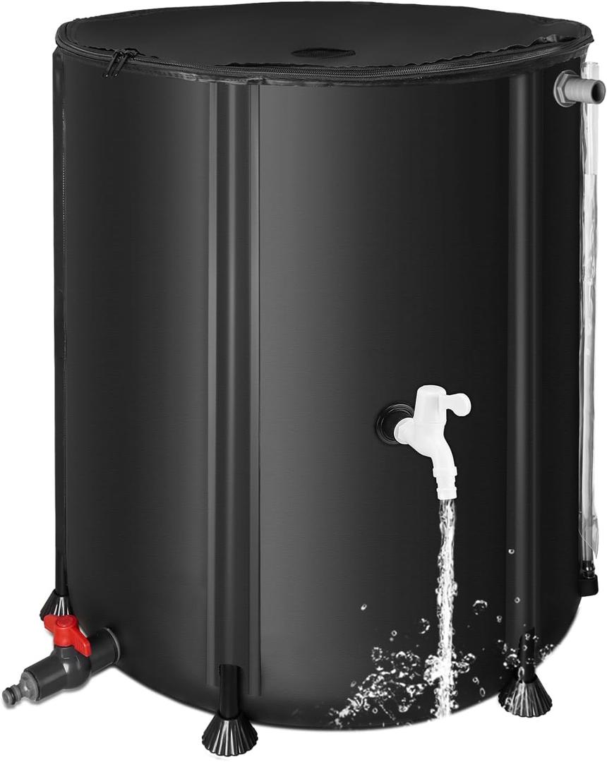 50 Gallon / 200L Rain Barrel, Collapsible Rain Barrels to Collect Rainwater from Gutter with Spigots and Overflow, 500D PVC Portable Rain Water Collection Catching System, Water Catcher Tank (Black)
