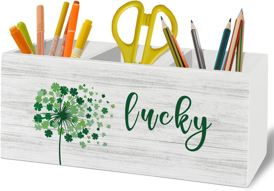 St Patrick's Day Shamrock Pen Pencil Holder Organizer for Desk Accessories, Lucky Four Leaf Clover Dandelion St Patrick's Day Wooden Box Sign Desk Decor for Home Office Decoration