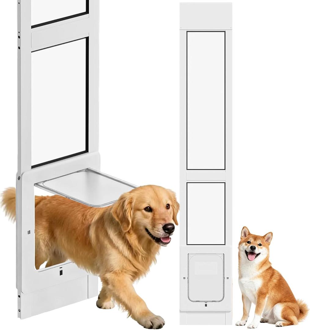 Dog Door for Sliding Glass Door with Magnetic Plastic Flat, Sliding Door Pet Doggie Door Insert with Lock, Adjustable Height No-Cut Required Doggy Door Access Renters, Apartments, Patio (White, L)