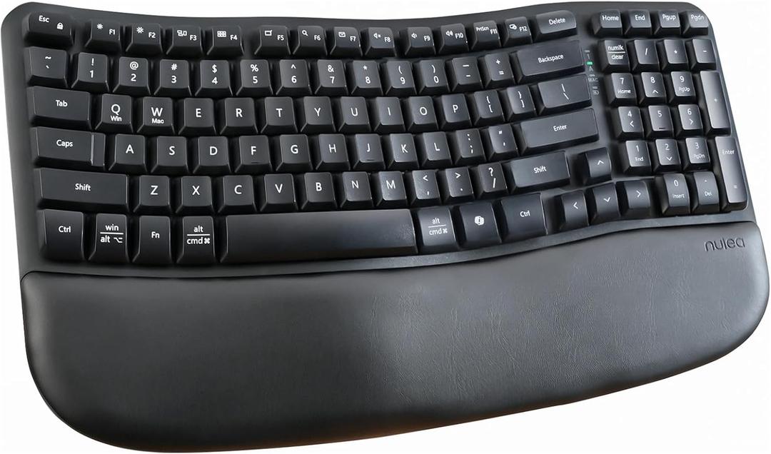 Nulea RT08 Wave Keys Wireless Ergonomic Keyboard with Cushioned Palm Rest, 2.4GHz Ergo Cordless USB Computer Keyboard, Comfortable Natural Typing, for Laptop, Mac, Windows Black