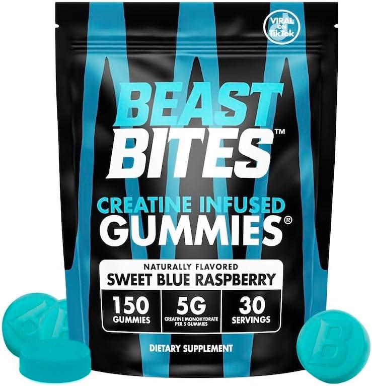 BEAST BITES Creatine Infused Gummies - 5g Creatine Monohydrate Per Serving - NSF Certified for Sport, Clean Label Project Certified (150 Gummies, Sweet Blue Raspberry), BBD: 03/27/2028