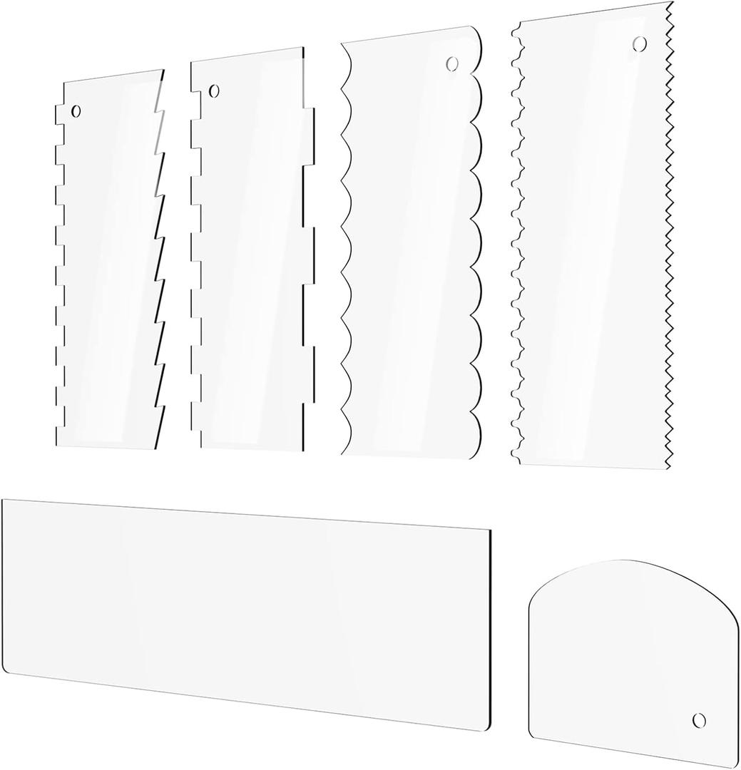 Cake Scraper 6 Pieces Clear Acrylic Icing Smoother Decorating Comb Scrapers Set, Pastry Cutter for Mousse Butter Cream Decoration, 11 Patterns Different Stripes for Cakes Edges, Kitchen Baking Tool