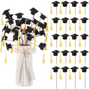 Suncalla 24 Pieces 2026 Graduation Table Centerpiece Stick Felt Graduation Caps with Tassel Grad Centerpieces Sticks for Class of 2026 Grad Party Supplies