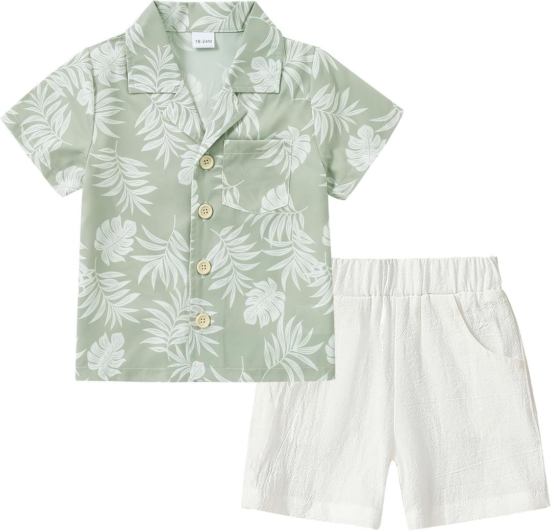 YALLET Toddler Boy Clothes Summer Outfits Short Sleeve Button Down Shirt+Shorts Baby Boy Beach Casual Clothe 1-5 Years (2-3T, Light Green Print)