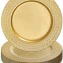 SOUJOY 12 Pack Plastic Gold Charger Plates, 13 Inch Dinner Plate, Leaf Trim Antique Charger Plate for Weddings, Parties, Anniversary, Thanksgiving, Christmas