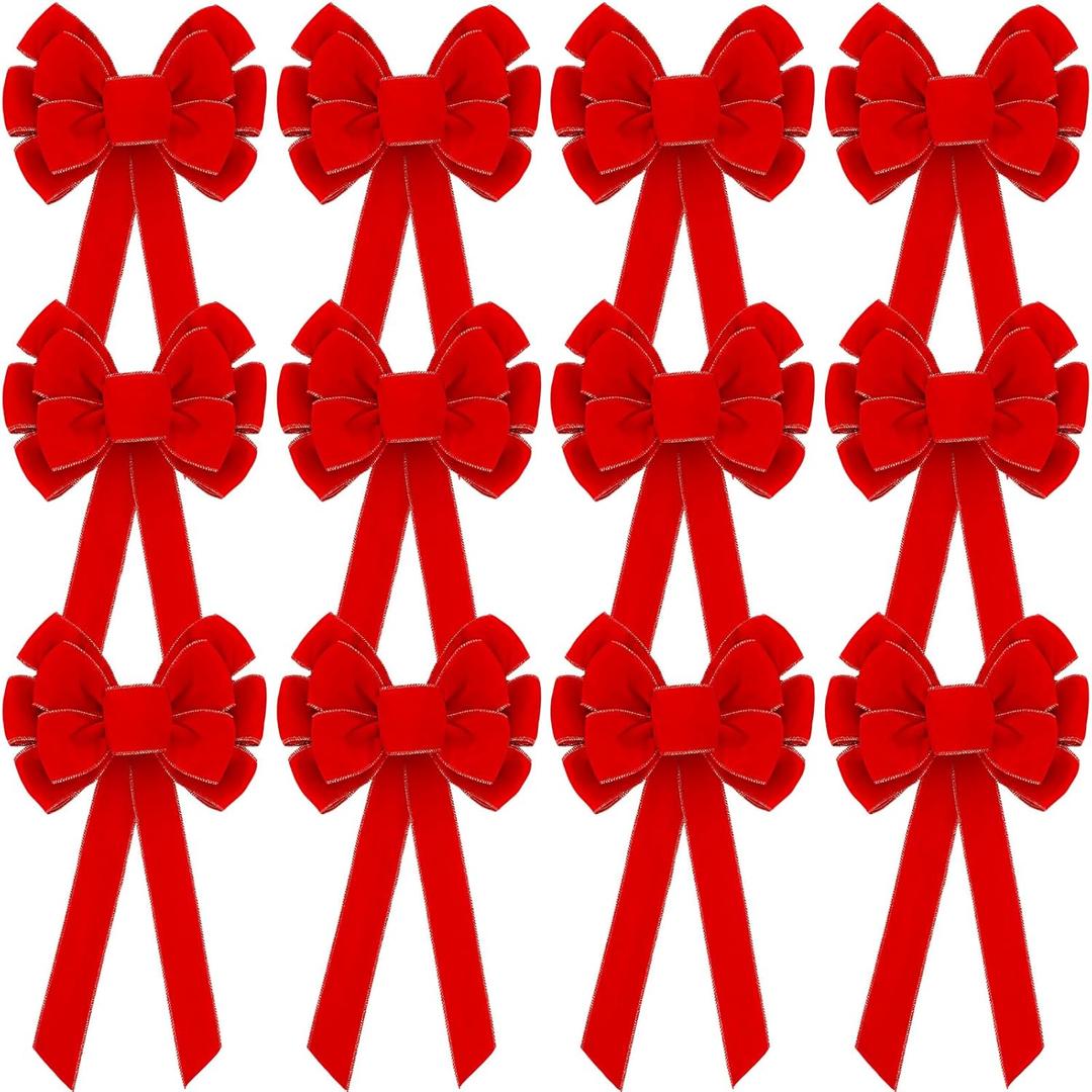 Lenwen 12 Pcs Large Red Christmas Velvet Bows Outdoor Big Christmas Tree Wreath Decorative Garland Red Velvet Bows for Gifts Indoor Outdoor Holiday Parties Xmas Decorations (26 x 12 Inch)