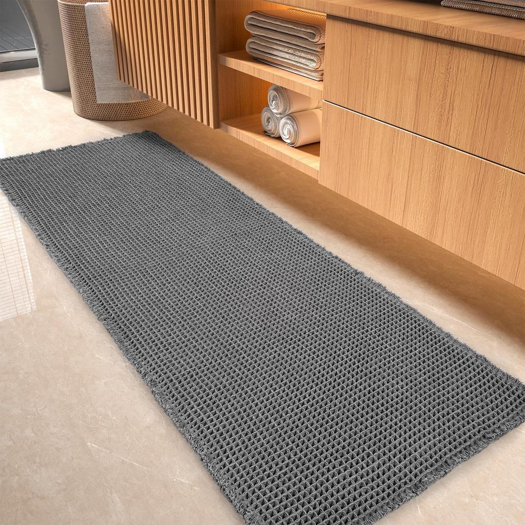 Waffle Bath Mat-Runner Rug, Super Absorbent Non Slip Bath Mats for Bathroom Machine Washable Long Rugs with Tassels, Bath Rugs for Bathroom Floor Beside Tub, 2' x 6' (Dark Grey)