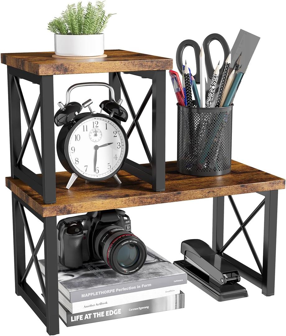 Desk Shelf, 2 Tier Wood Desktop Bookshelf, Adjustable Freestanding Stackable Desk Organizer, Desktop Shelf Organizer Storage Rack, Desk Display Rack for Office, Home, Rustic