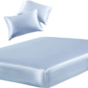 SiinvdaBZX 3-Piece Set Satin Twin XL Fitted Sheet & 2 Pillowcase, Baby Blue Silky Soft Fitted Bottom Sheet Twin Extra Long Bed Sheets, Wrinkle Free, Fade Resistant (Deep Up to 15")