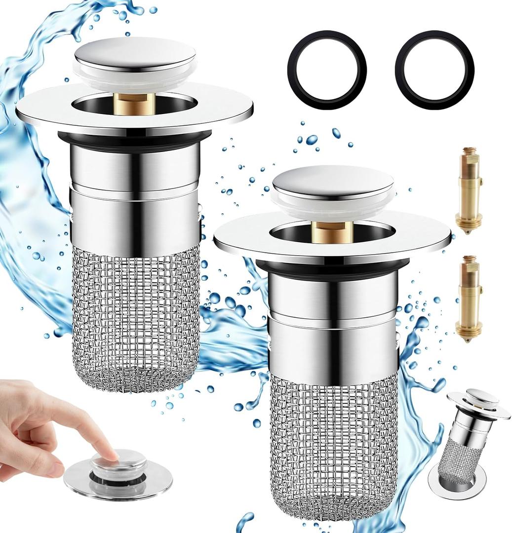 Sink Drain Strainer Hair Catcher Bathroom Sink Stopper Pop Up Sink Drain Filter with Removable Stainless Steel Filter Basket Floor Drain for US Universal Replacement (1pc)