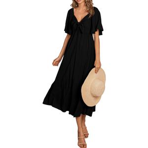 PRETTYGARDEN Summer Dress for Women 2026 Casual Short Sleeve Bow Tie V Neck Ruffle Midi Flowy Dresses (Black, M)