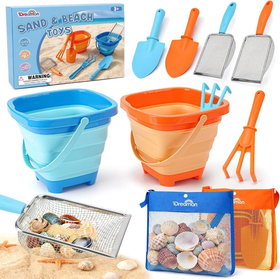 Dreamon Beach Toys, 2 Packs Travel Sand Toys for Kids Ages 4-8 | 10 PCS Sandcastle Building Kit with Collapsible Bucket, Mesh Bag, Sand Sifter, Shovel & Rake, Beach Essentials for Kids