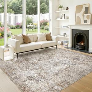9x12 Area Rugs for Living Room: Washable Large Neutral Abstract Rug Soft Non Slip Stain Resistant Low Pile Indoor Carpet for Bedroom Dining Room Nursery Office Playroom - Brown Grey