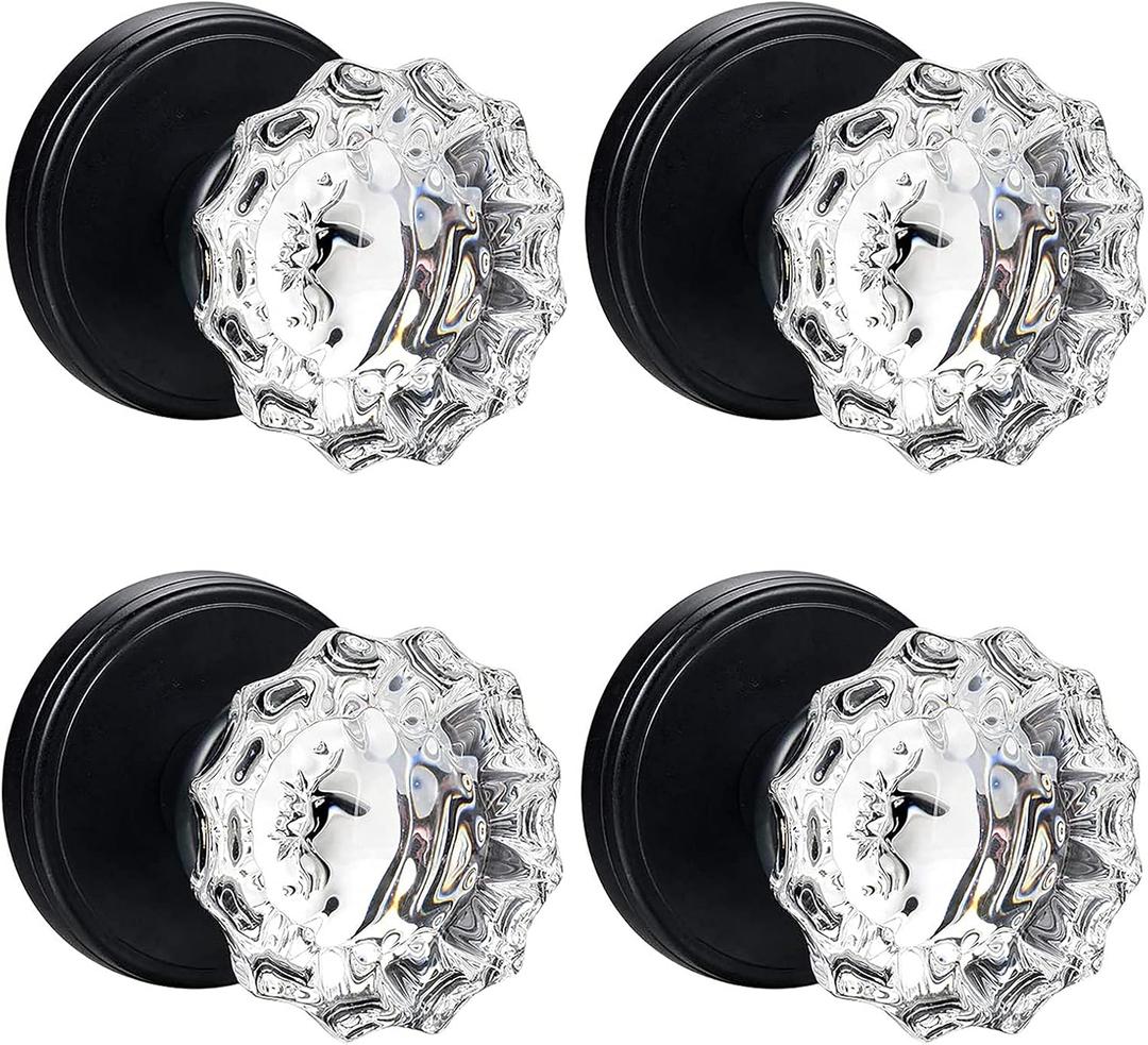 Glass Dummy Door Knobs Interior,Antique Inactive Crystal Dummy Door Knobs for Hall and Closet,Matte Black (4 Pack)