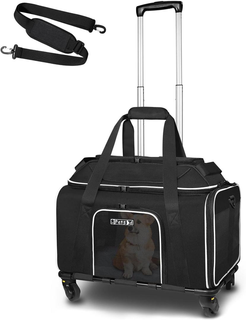 Petskd Top-Expandable Pet Carrier with Wheels 18x13x9.5 Inches Southwest Airline Approved, Soft-Sided Carrier for Small Cats Dogs with Locking Safety Zippers and Anti-Scratch Mesh (Black)