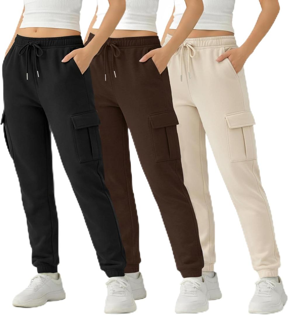Common Stitch 3 Pack Fleece Cargo Joggers for Women 4 Pockets, Cuffed Ankle, Elastic Drawstring Waist (Brown, L)