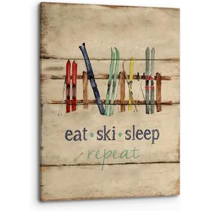 PHAMTE Eat Sleep Ski Repeat Wall Art, Farmhouse Rustic Winter Holiday Sport Ski Sleighs Vintage Print Framed Canvas Painting Artwork Home Bedroom Living Room Skiing Teen Room Cabin Decor(11x14 Inch) (Multicolor)