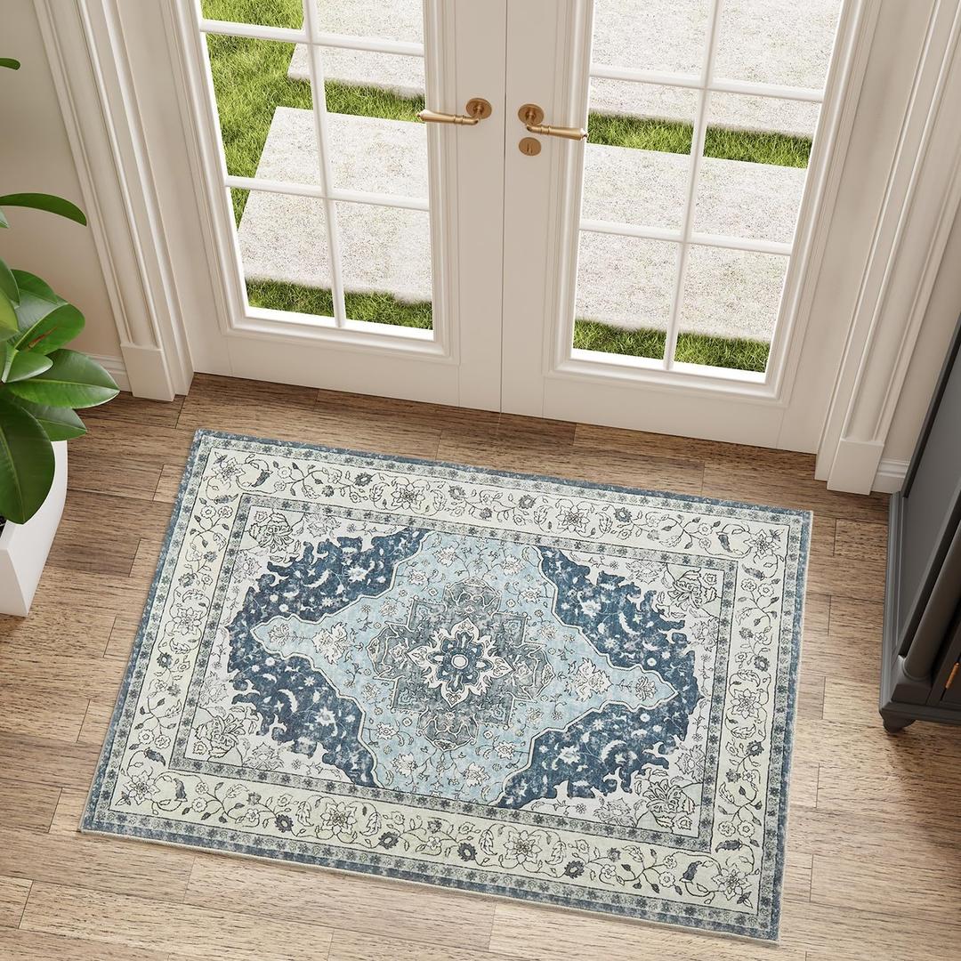 Topllen Entryway Rug - 2'x3' Boho Soft Low Pile Washable Area Rug, Non-Slip Small Rugs Indoor for Front Door Entrance Kitchen Bathroom, Vintage Carpet Stain Resistance (Blue, 2x3ft)