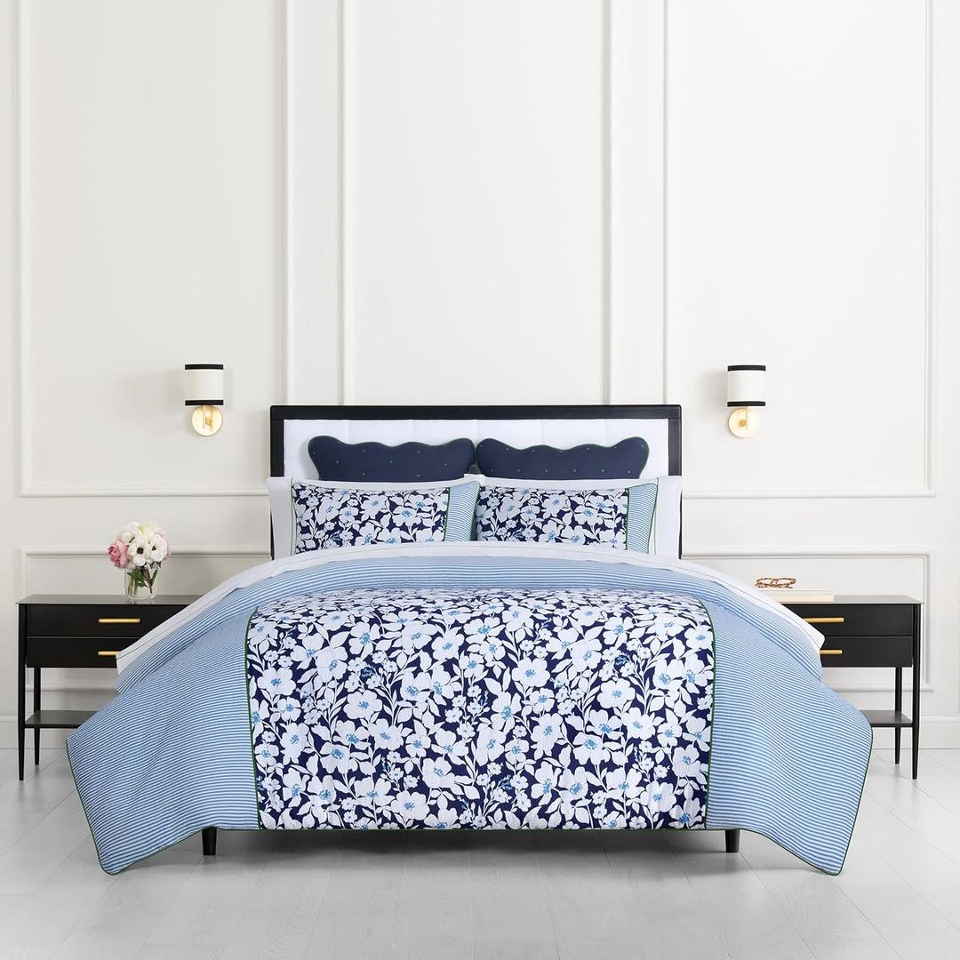 kate spade new york Anemone Field King Comforter Set, 100% Cotton Reversible Cover, All Season 3 Piece Bedding, Machine Washable, Blue Multicolor, King, Anemone Field