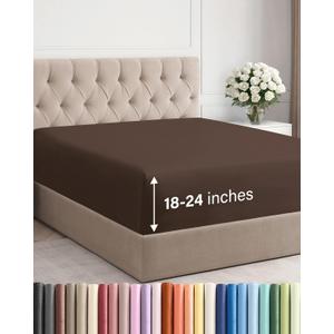 Extra Deep Queen Fitted Sheet - Hotel Luxury Single Fitted Sheet Only - Easily Fits 18 inch to 24 inch Mattress - Ultra Soft, Wrinkle Free w/Extra Deep Pockets - Easy-Care, Breathable & Comfy - Brown
