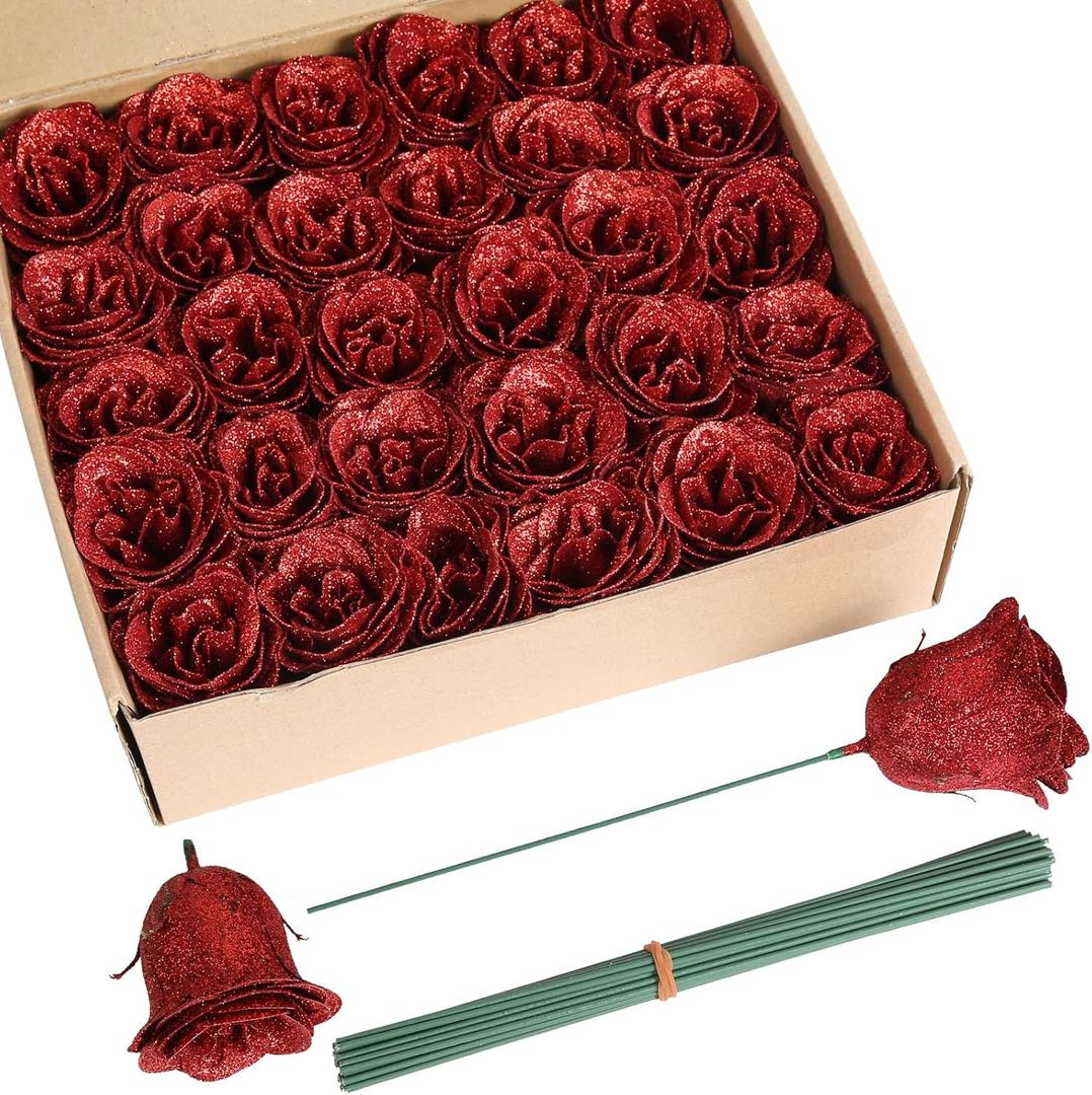 Artificial Roses with Stems, 30pcs Red Glitter Roses Silk Roses Artificial Flowers for Crafts Wedding Bouquet Home Decoration(Red)