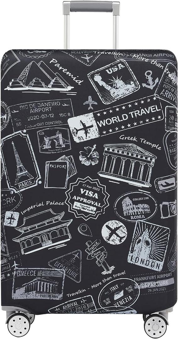 TRAVELKIN Luggage Covers For Suitcase Tsa Approved,Suitcase Cover Protector Fit 18-32 Inch Luggage (World Marks-Grey)