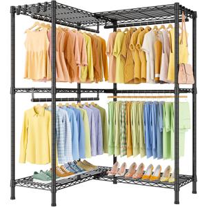 ULIFHOME E15 Garment Rack L Shaped Clothes Rack for CornerFreestanding Clothing Racks for Hanging ClothesHeavy Duty Closet Organizer with 4 Hanging Rods & 8 S Hooks43.4" W x 15.8" D x 78.4" HBlack