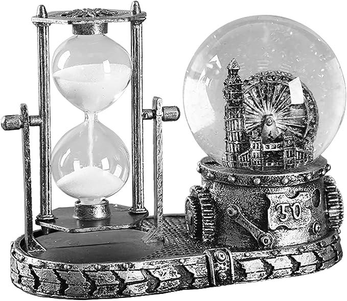 LED Music Snow Globe with Hourglass Vintage Castle Paris Eiffel Tower Home Decoration for Living Room Bedroom Book Shelf TV Cabinet Desk Table Top Decor Centerpieces Ornaments (A - Brass)