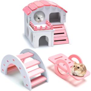 3 Pieces Fun Hamster Guinea Pig Hideout Kit Include PVC Hamster House, Rainbow Bridge, Seesaw DIY Exercise Playhouse for Rats Mouse Small Animals (Small, Pink)