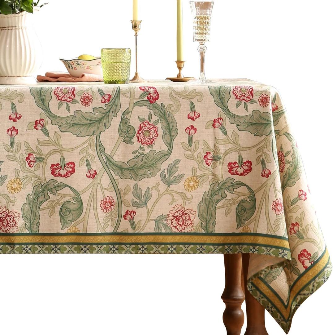 patdrea Designer Green Tablecloth for Rectangle Tables,Vintage Linen with Leaves and Flowers Pattern Tablecloths,Farmhouse Floral Table Cover Cloth Decor for Kitchen Dining Christmas,63"*102"
