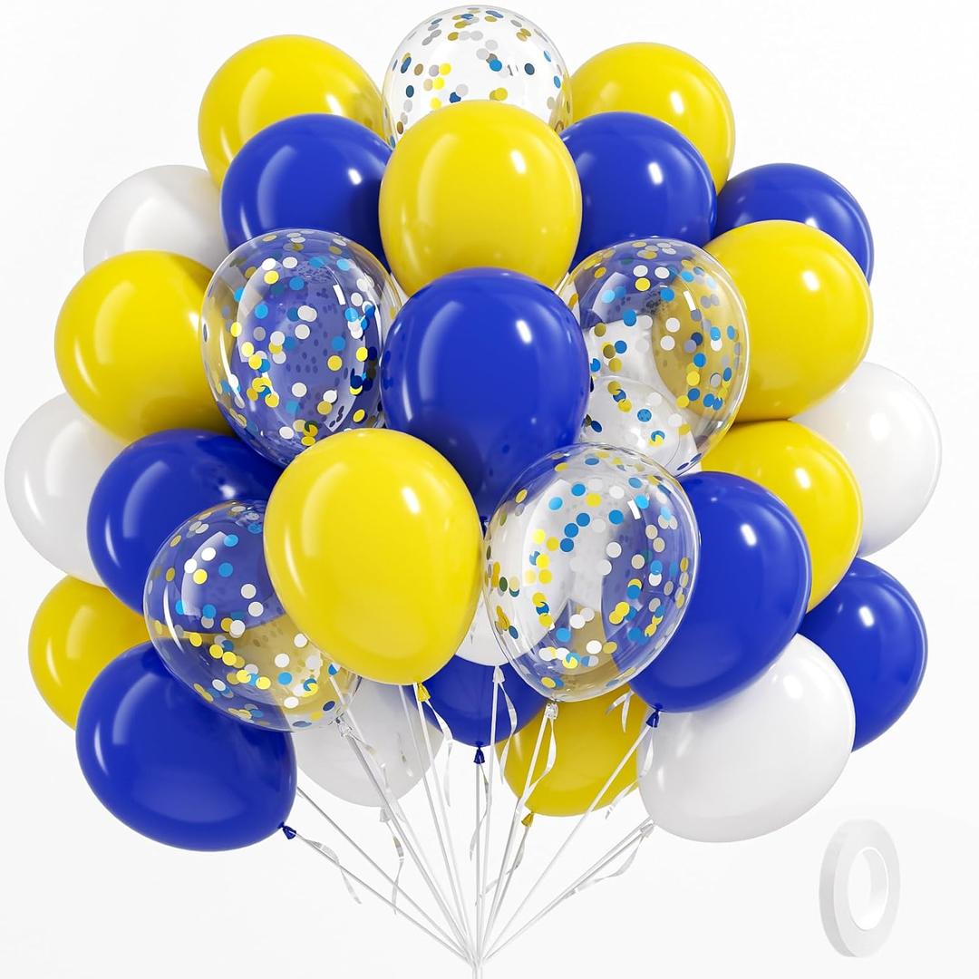 Blue and Yellow Balloons, 60pcs 12 Inch Royal Blue Yellow White Balloon with Confetti Balloons for Wedding Graduation Baby Shower Birthday Party Decorations