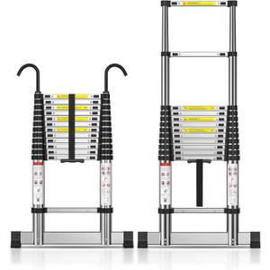 TECKNET Telescoping Ladder, 12.5 FT Aluminum Extension Ladder with Stabilizer Bar, Non-Slip Feet & Detachable Hook, 330lbs Capacity, Multi-Purpose Portable Step Ladders for Home, RV, Loft, Library