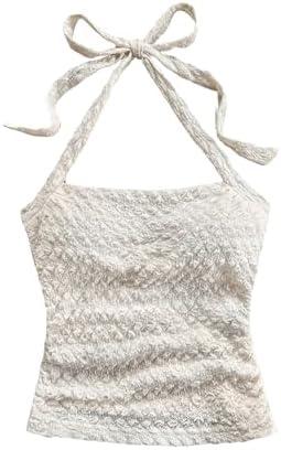 SHENHE Women's Tie Halter Neck Backless Ruched Slim Fit Textured Summer Cute Crop Top