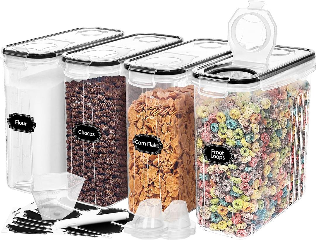 Skroam 4PCS Cereal Containers Storage [4L/135.2 oz], Airtight Food Storage Containers with Pour Spout for Kitchen & Pantry Organization Storage, Plastic Cereal Dispensers, Measuring Cup & 20 Labels (4 PACK)