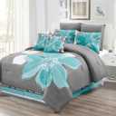 8 - Piece Aqua Blue, Grey, White Floral Comforter Set King Size Bedding + Accent Pillows