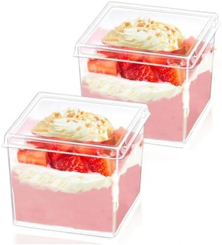 Wnqou 150ml/5oz Clear Dessert Cups with Lids and Spoons, 13Pcs Reusable Square Dessert Cups, Mini Transparent Appetizers Serving Bowl for Desserts Mousses,Puddings,Party