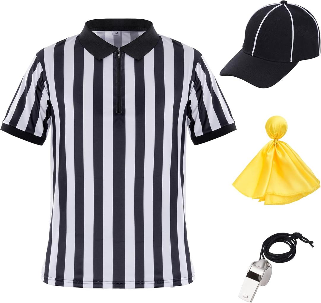 obmwang Referee Shirt for Womens and Mens, Stripe Umpire Jersey Referee Hat Yellow Penalty Flag and Whistle for Halloween (M)