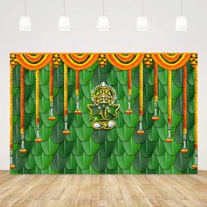 Pooja Backdrop Decoration Cloth Items Indian Ganpati Puja Traditional Chatiya Ganesh Mehndi Photography Background Festival Wedding Party Marigold Garlands Photo Booth Props Banner 5x3ft