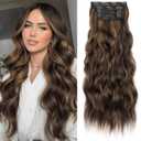 KooKaStyle Clip in Hair Extensions Long Wavy 4PCS Thick Hairpieces Synthetic Highlight Hair Extensions Balayage Dark Brown to Chestnut H2/426 Fiber Double Weft Natural 24Inch for Women