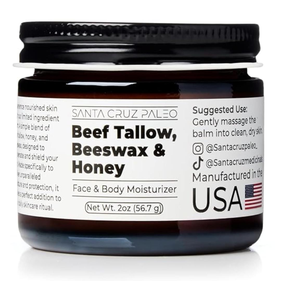 Santa Cruz Paleo, Beef Tallow, Beeswax & Honey Face Moisturizer, Organic, Unscented Grassfed Beef Tallow Skin Care, Sunscreen Free, Non Comedogenic Face & Body Moisturizer for Sensitive Skin, 2 Oz